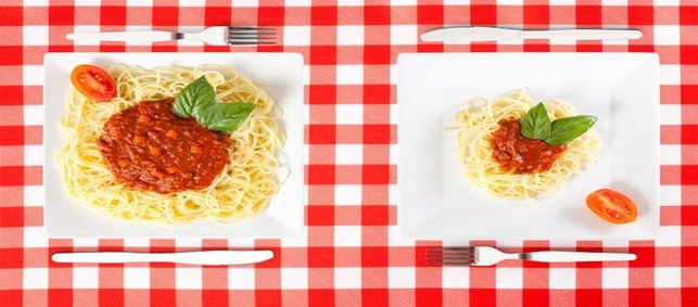 Zwei Teller mit Spaghetti Bolognese in zwei verschiedenen Portionsgrößen