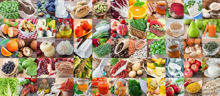 Collage mit 100 Fotos empfehlenswerter Lebensmittel