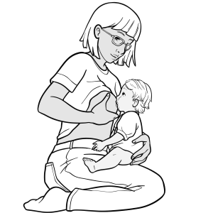 Eine Frau sitzt auf ihren Unterschenkeln, das Baby auf dem Oberschenkel der Mutter.