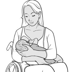 Eine Frau stillt ihr Baby im Sitzen, der Kopf des Babys liegt in der Hand der Mutter.
