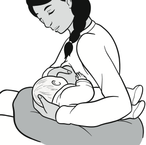 Eine Frau stillt ihr Baby: Das Baby liegt seitlich der Mutter auf einem Kissen.