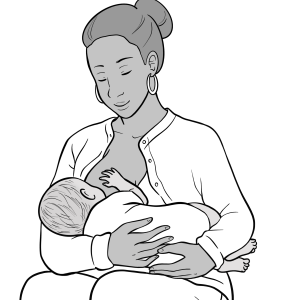Eine Frau stillt ihr Baby im Sitzen, der Kopf des Babys liegt in der Armbeuge der Mutter.