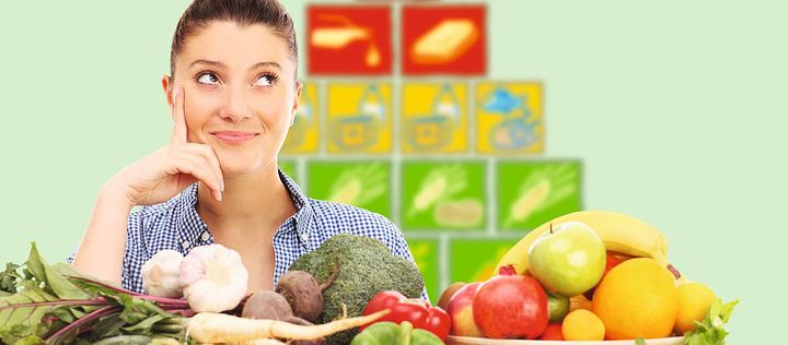 Frau vor Gemüse und Obst dahinter E-Pyramide