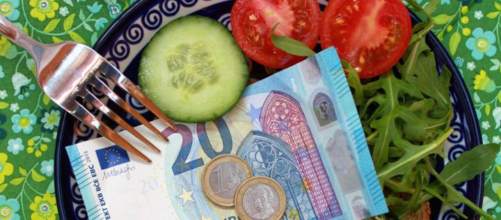 Teller mit Gurke, Tomate, Rucola, Geldschein und Euromünzen