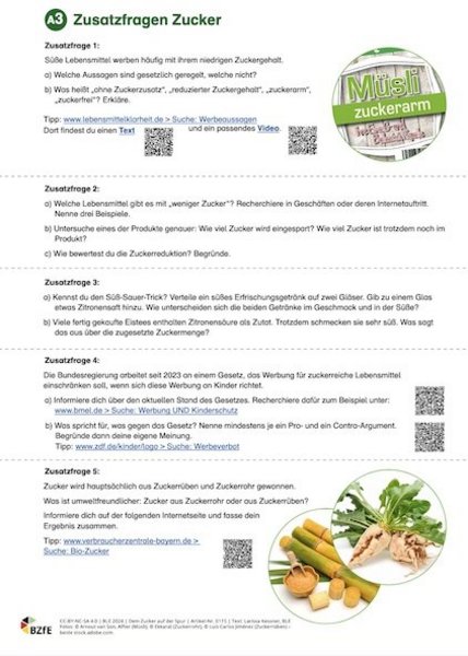 Arbeitsblatt mit Zusatzfragen zu Zucker.