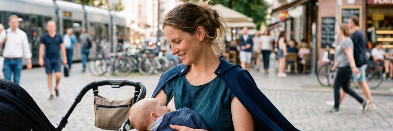 Eine Frau sitzt mit ihrem Baby stillend in einem Cafe in der Fußgängerzone.