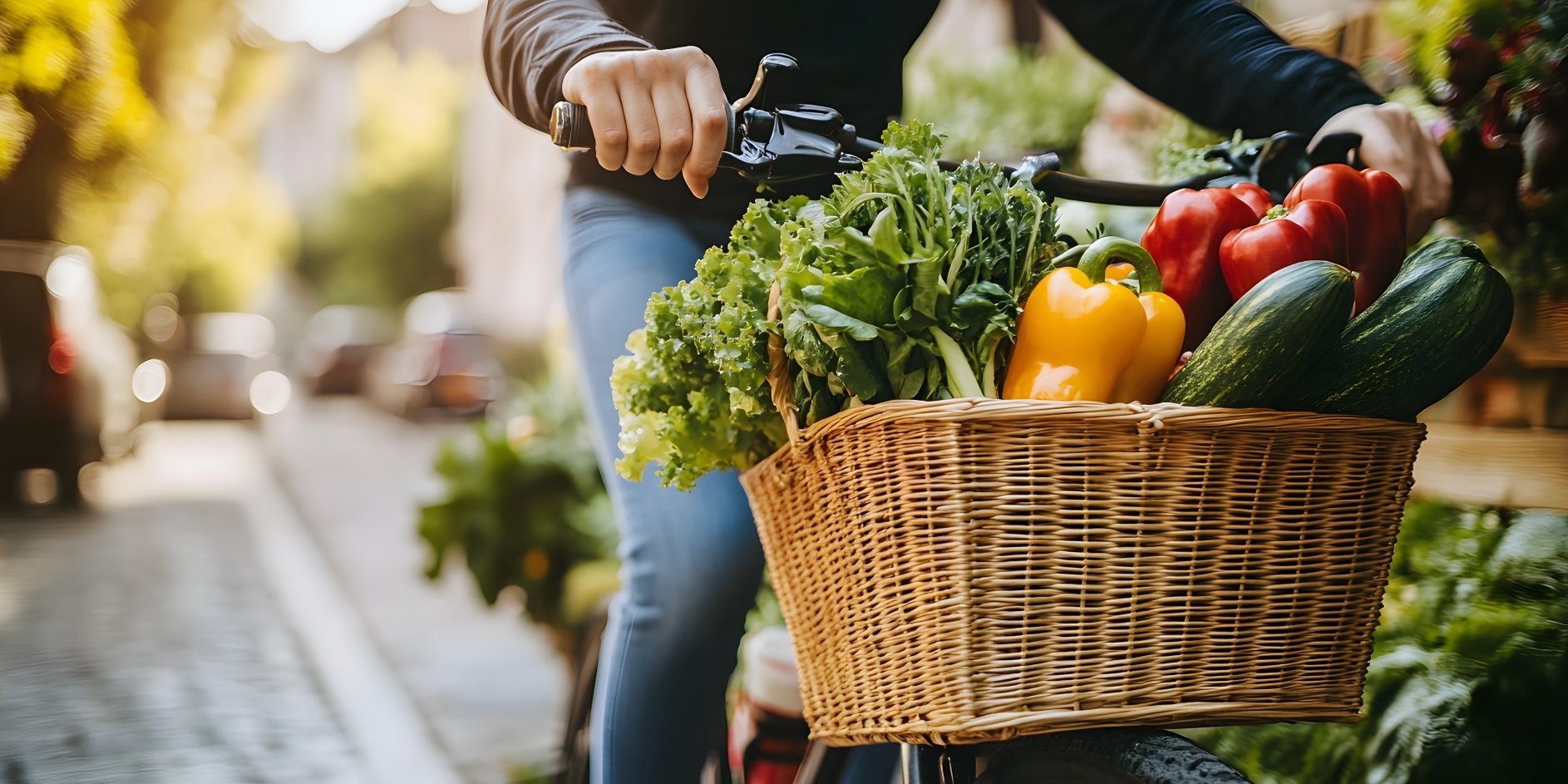 Eine Person fährt auf einem Fahrrad, das einen mit Obst und Gemüse gefüllten Fahrradkorb hat.. Artikel "Ernährung und Klimaschutz" öffnen.
