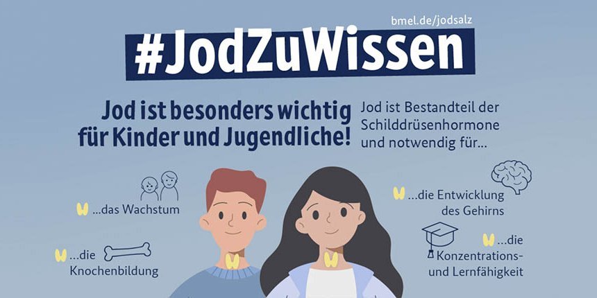 Auf einen graublauen Hintergrund sind ein Junge und ein Mädchen gezeichnet, unter der Überschrift: „Jodzuwissen. Jod ist besonders wichtig für Kinder und Jugendliche“, umgeben von weiteren Hinweisen aus Text und Zeichnungen.. Artikel "Ist mein Baby gut mit Jod versorgt?" öffnen.
