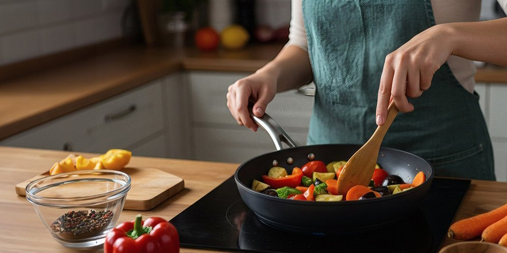 Eine Frau rührt in einer Pfanne mit Gemüse.. Artikel "Einfach selber kochen: schnell, lecker und nachhaltig" öffnen.