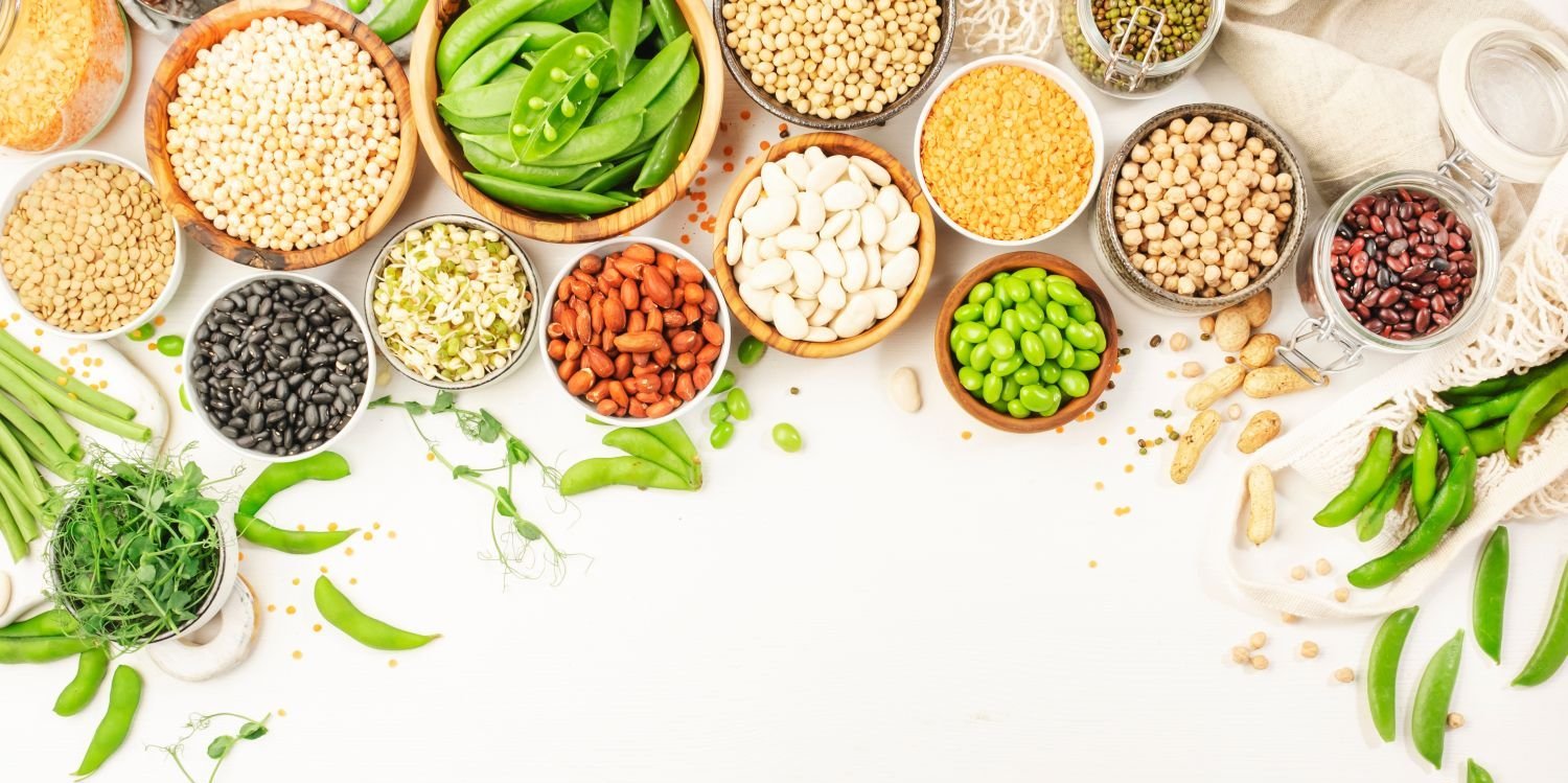 Am oberen Bildrand stehen Schalen mit verschiedenen Hülsenfrüchten.. Artikel "Alternative Proteine für die Ernährung des Menschen" öffnen.
