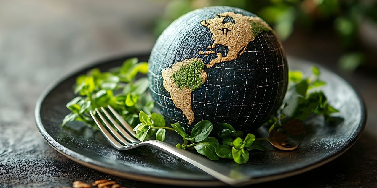 Ein Modell einer Erdkugel liegt auf einem Teller mit Salat.. Artikel "Nachhaltiges Essen für Mensch und Erde" öffnen.