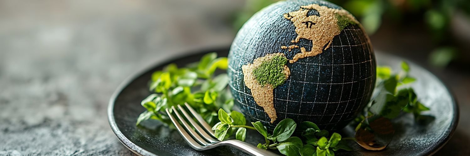 Ein Modell einer Erdkugel liegt auf einem Teller mit Salat.