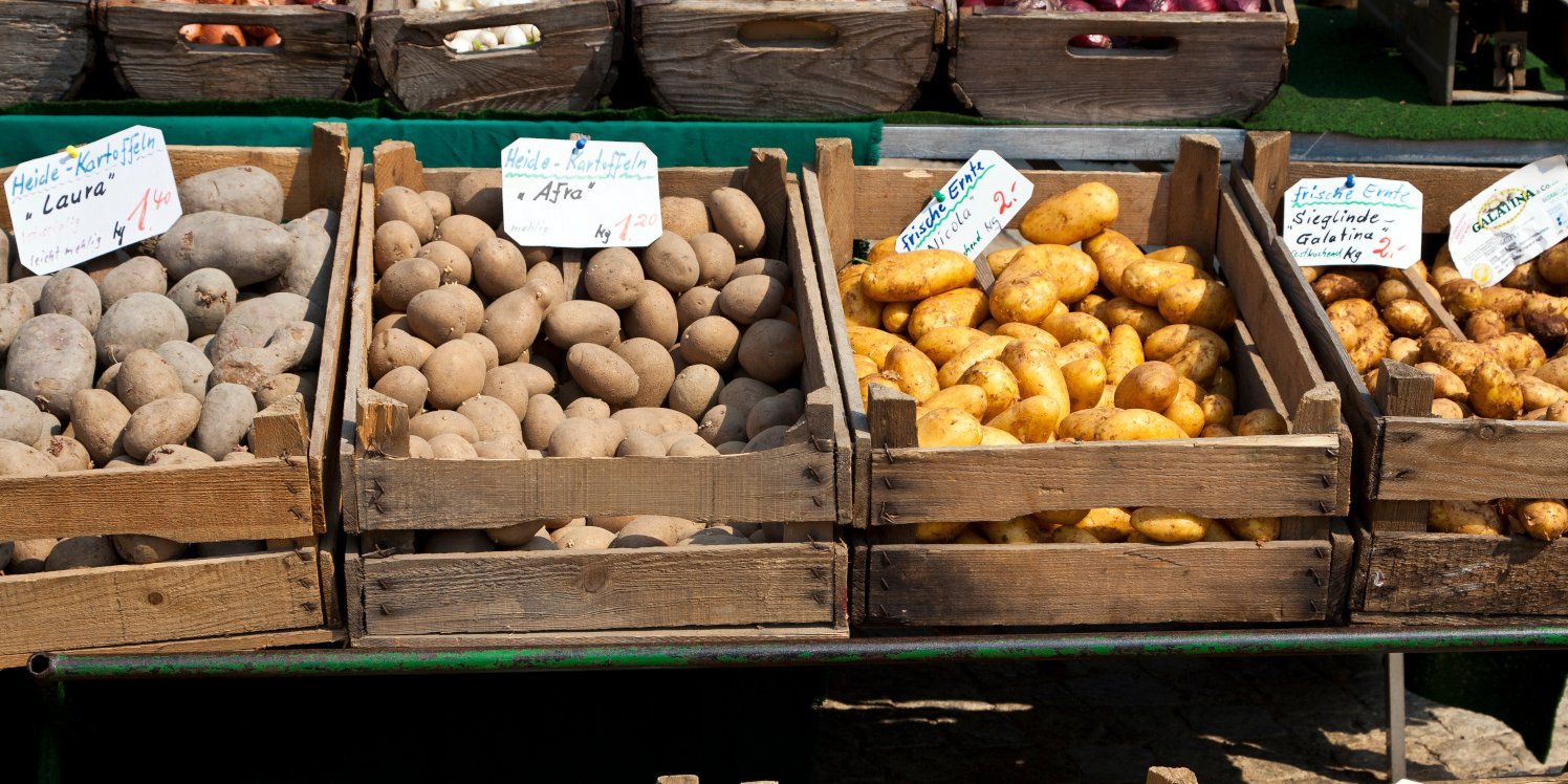 Verschiedene Kartoffelsorten liegen in Holzkisten nebeneinander.. Artikel "Kartoffeln: Vom Einkauf in die Küche" öffnen.