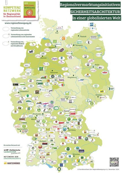 Deutschlandkarte mit Siegeln von regionalen Vermarktungsinitiativen.  