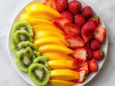 Geschnittenes Obst liegt auf einem weißen Teller.