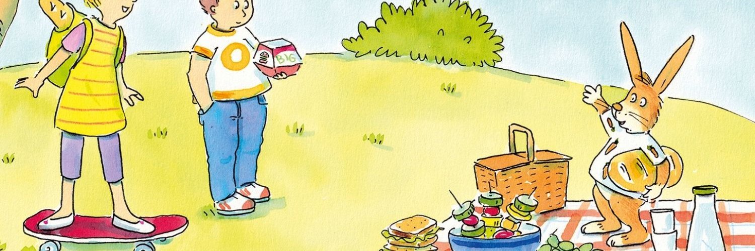 Eine Zeichnung zeigt einen Hasen mit einer Picknickdecke mit einem Korb, belegten Broten, Obst und Gemüsespießen. Er winkt ein Mädchen mit Skateboard und einen Jungen mit Fußball herbei.