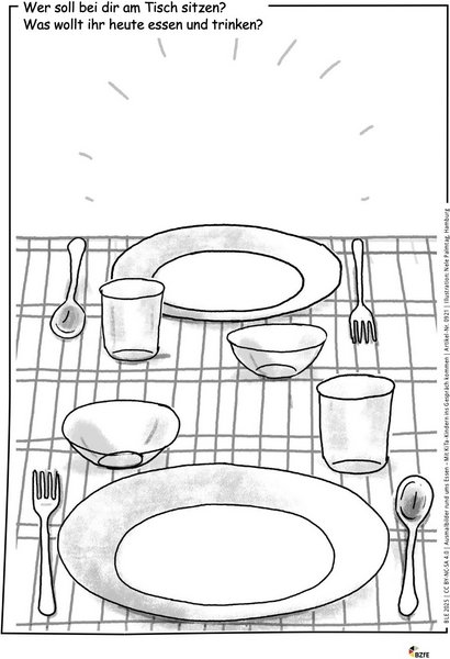 Ausmalbild zum Thema gemeinsam am Tisch.
