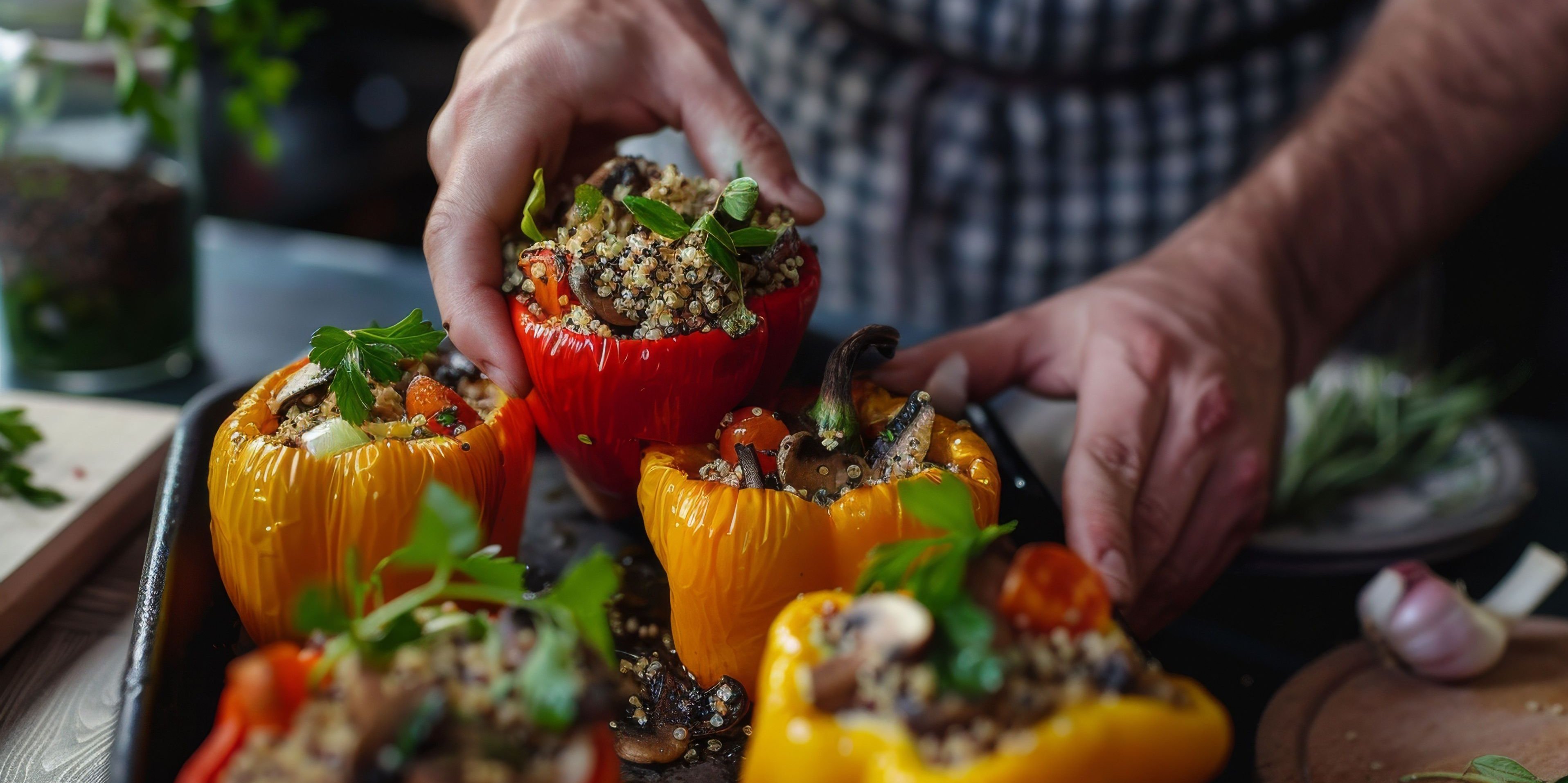 Hände greifen nach gefüllten Paprika.. Artikel "Essen und Gesundheit" öffnen.