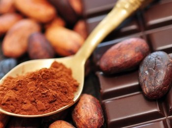 Auf einem dunklen Untergrund liegen Kakaobohnen, eine Tafel dunkle Schokolade und ein Löffel mit Kakaopulver.