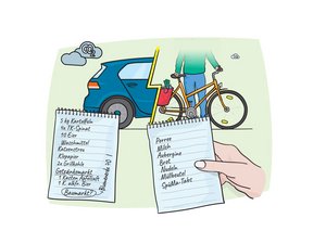 Auf dem Bild ist eine Einkaufliste, ein Auto und ein Fahrrad abgebildet.