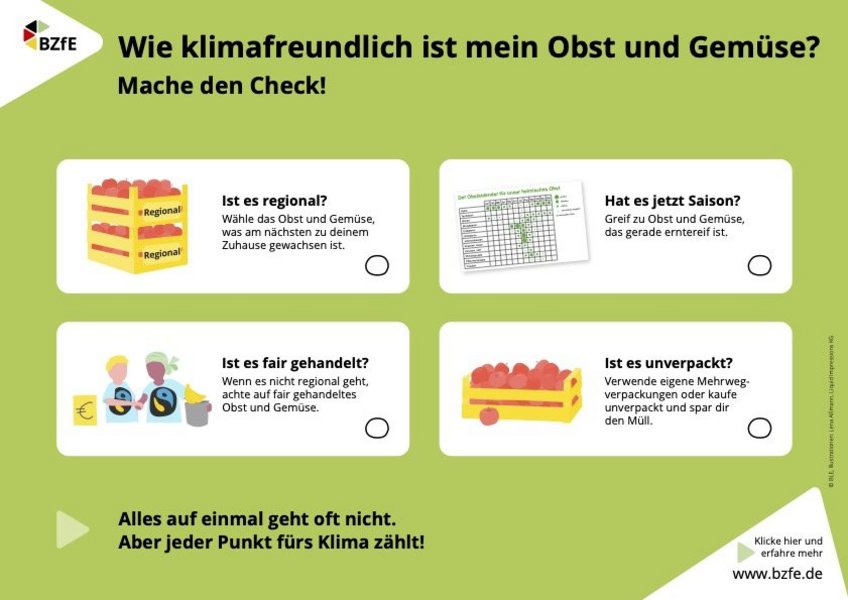 Mit vier praktischen Klimatipps hilft die Infografik, nachhaltiges Handeln beim Einkauf bei der Auswahl von Obst und Gemüse umzusetzen.