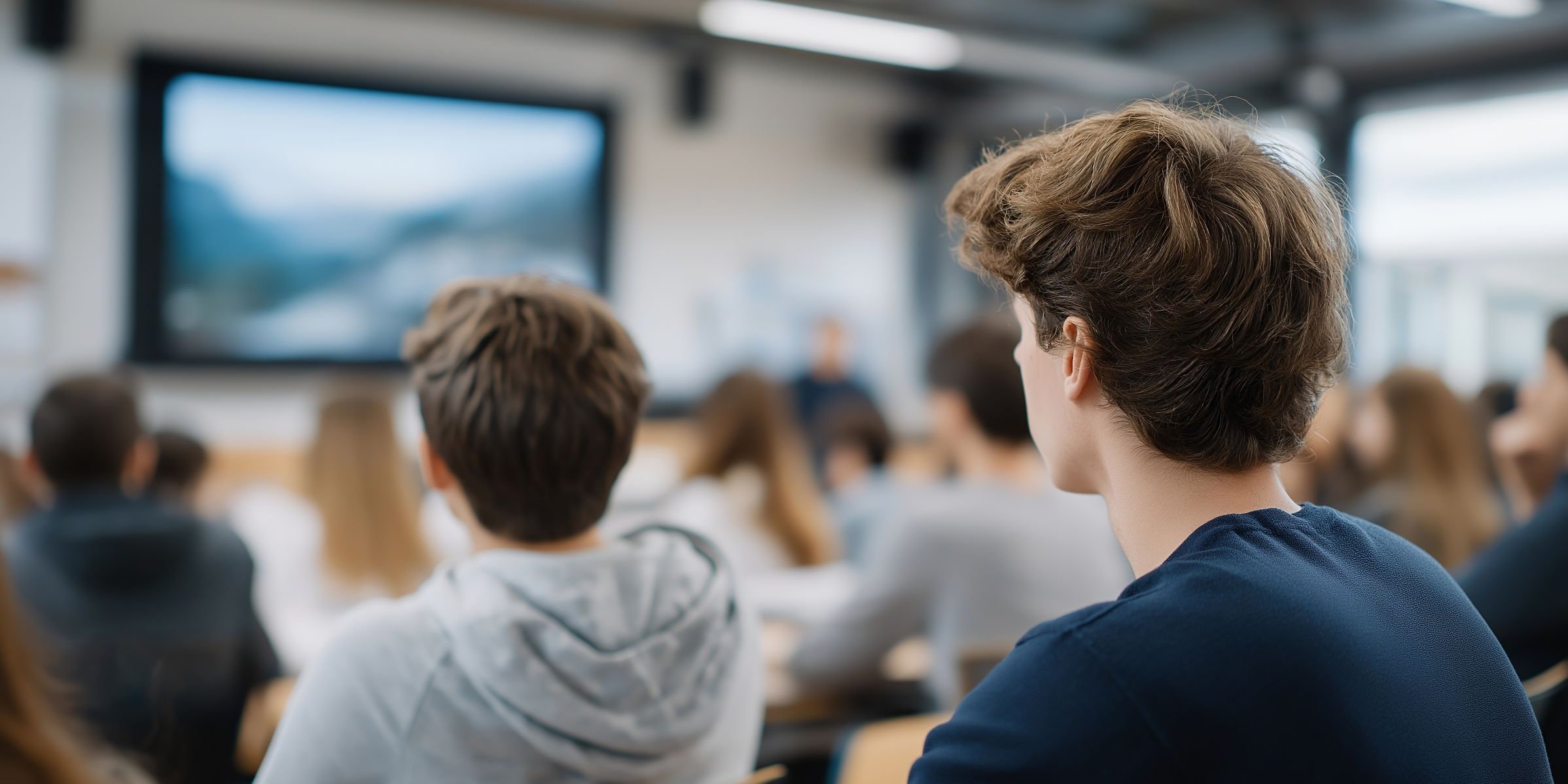 Schüler sitzen im Klassenraum und schauen auf einen großen Bildschirm.. Artikel "Videos" öffnen.