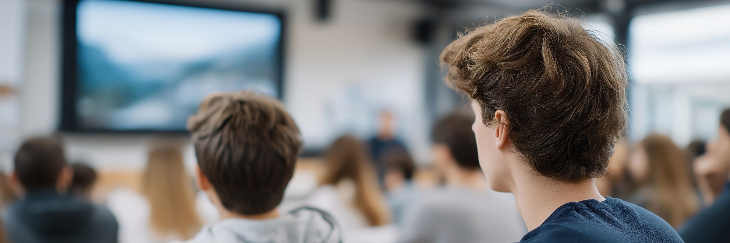 Schüler sitzen im Klassenraum und schauen auf einen großen Bildschirm.