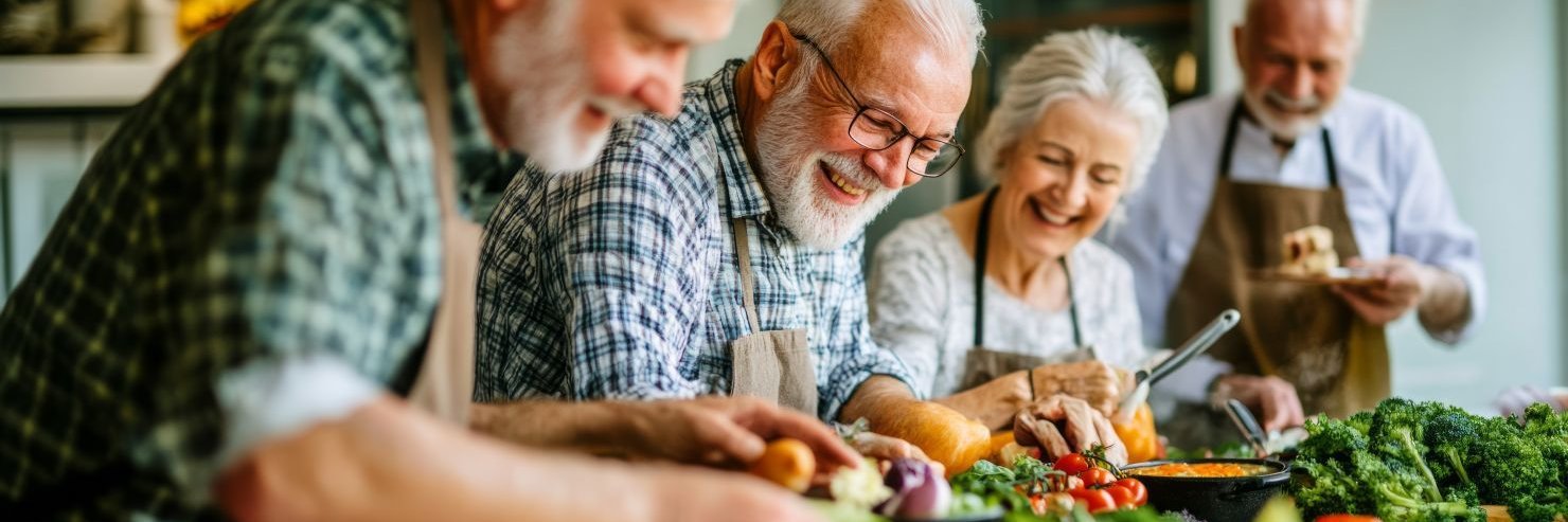 Seniorinnen und Senioren bereiten gemeinsam Essen zu und haben dabei Spaß.