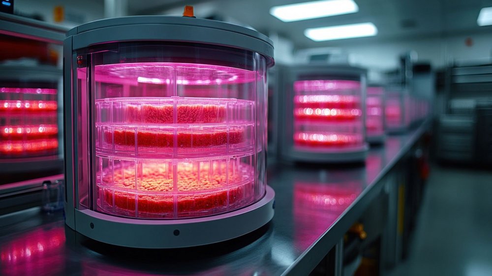In kleinen, transparenten Bioreaktoren wird Fleisch aus Zellen kultiviert.