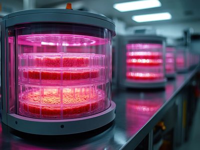 In kleinen, transparenten Bioreaktoren wird Fleisch aus Zellen kultiviert.