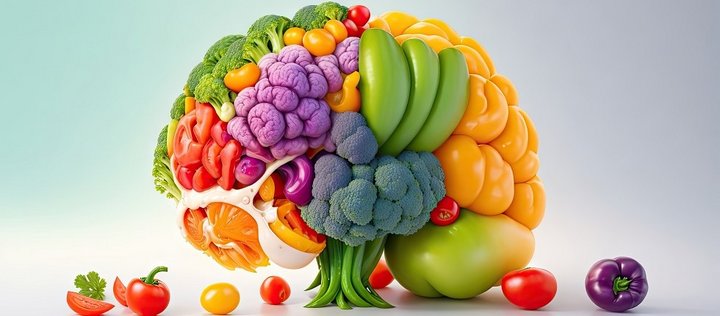 mit verschiedenem Obst und Gemüser dargestelltes Gehirn