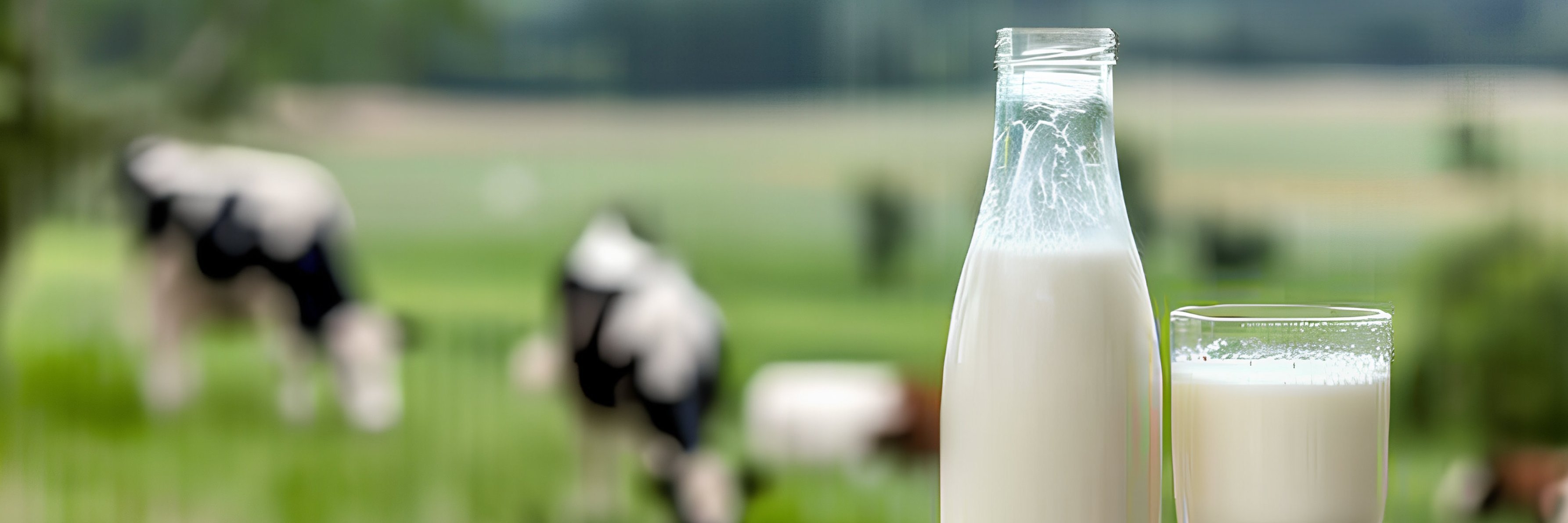 Eine Flasche und ein Glas mit Milch stehen vor einem Hintergrund mit Kühen auf einer Weide.