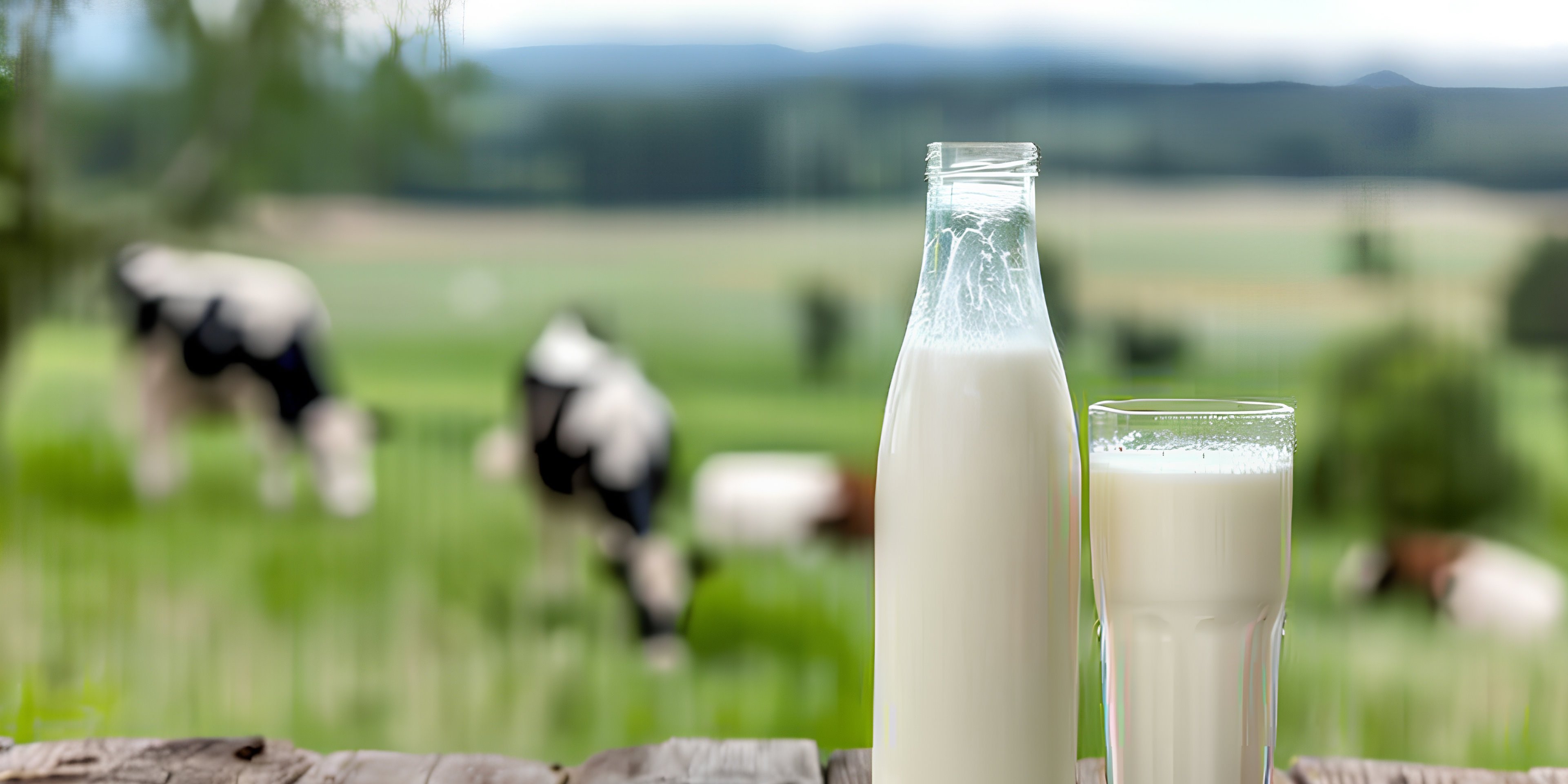 Eine Flasche und ein Glas mit Milch stehen vor einem Hintergrund mit Kühen auf einer Weide.. Artikel "Milch" öffnen.