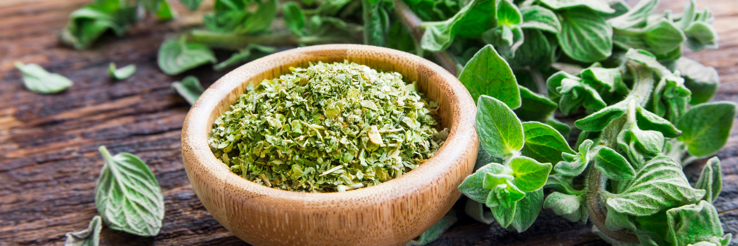 Auf einem dunklen Holztisch steht ein Schälchen mit getrocknetem, zerkleinertem Oregano. Daneben liegen frische Zweige.