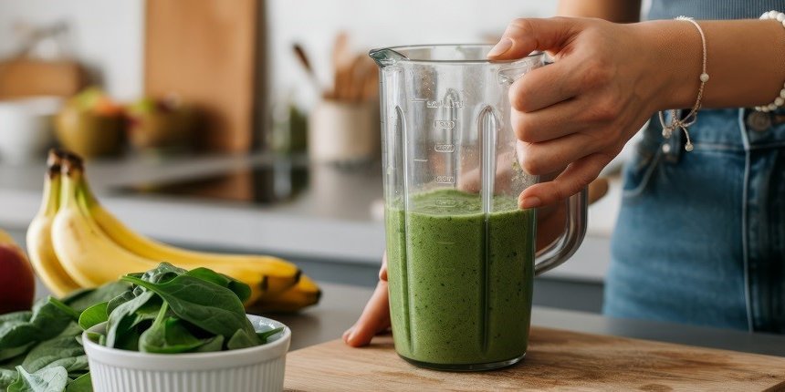 Eine Frau bereitet einen grünen Smoothie in einem Mixer zu. Vor ihr auf der Küchenarbeitsplatte stehen eine weiße Schale mit Spinat, Bananen und ein Apfel.. Artikel "Frühlingshafte Smoothies zubereiten" öffnen.