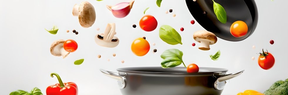Vor einem hellen Hintergrund steht ein dunkler Topf dessen Deckel durch die Luft fliegt und aus dem Pilze, Kirschtomaten, Knoblauchzehen und Basilikumblätter herausfliegen. Daneben liegen Paprika, Brokkoli und Zwiebeln.  