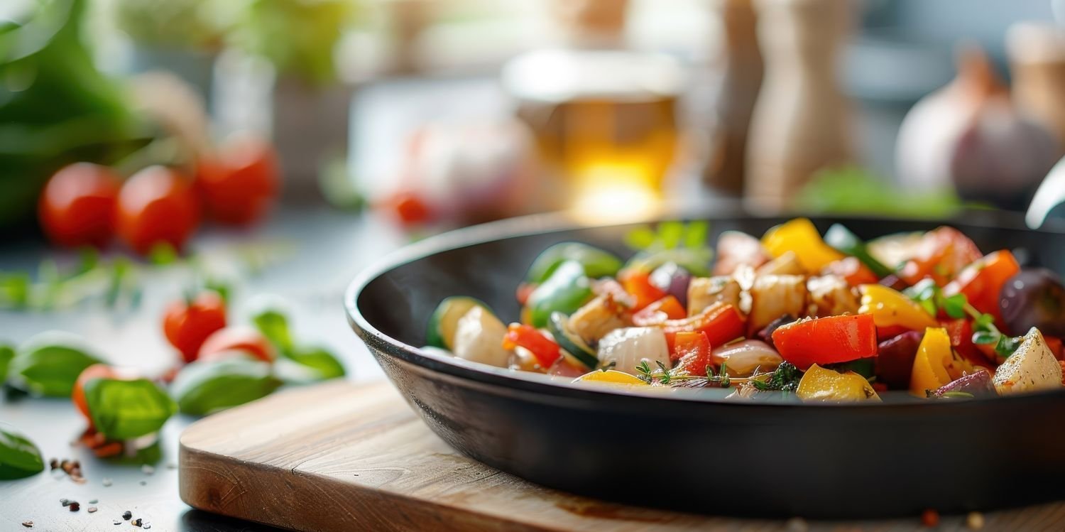 Pfanne mit Gemüse steht auf Holzbrett.. Artikel "Nährstoffe" öffnen.