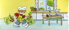 Eine gezeichnete Katze mit Kochmütze und Schürze trägt zwei mit Gemüse und Obst gefüllte Beutel mit der Aufschrift Bio und Regio zu einem Küchentisch auf dem Schneidebrett, Messer, Schüsseln und eine Paprika liegen. Im Hintergrund sind eine Spüle und ein Fenster mit Ausblick auf einen Baum und die Sonne.