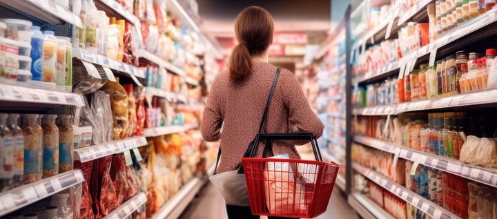 Eine Frau im Supermarkt bei den Fertigprodukten