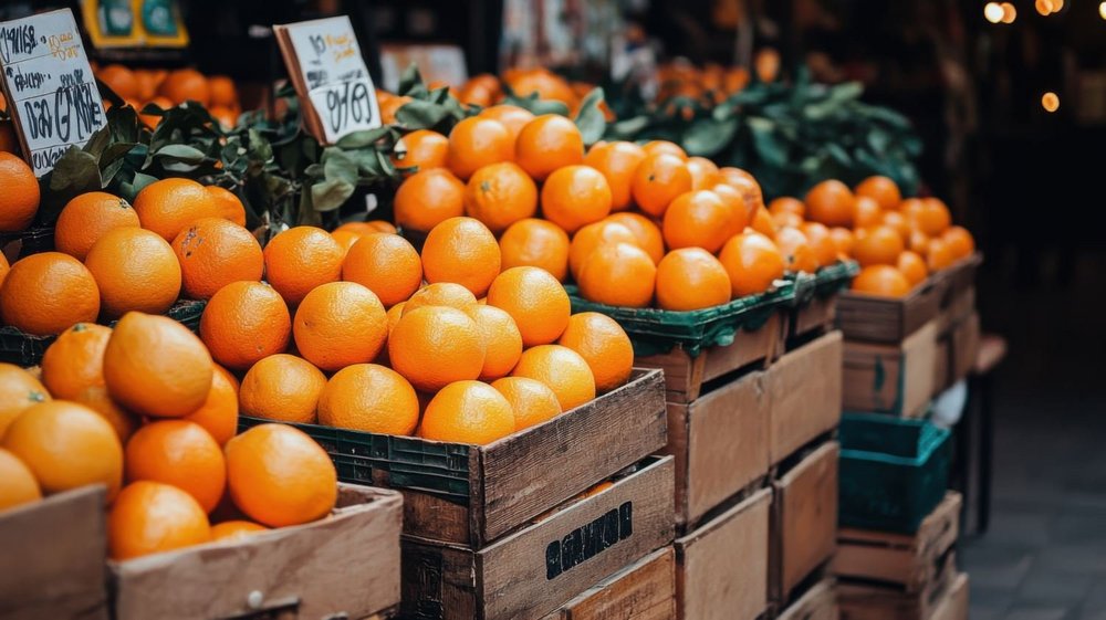 Viele Orangen liegen aufgetürmt auf einer Holzkiste.