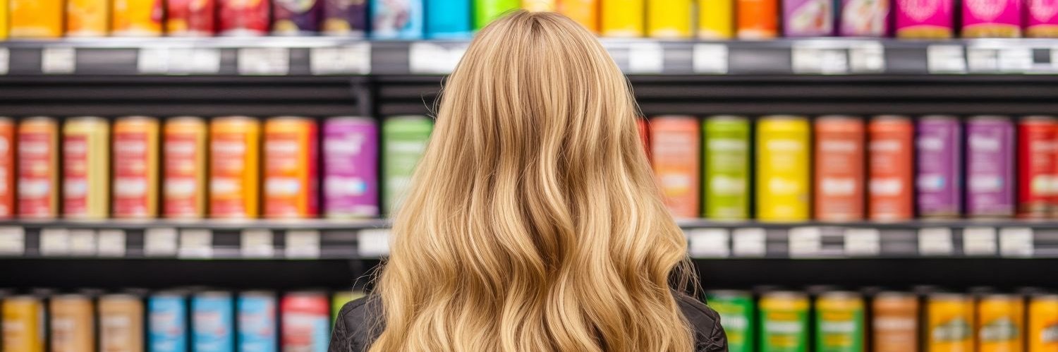 Frau mit langen blonden Haaren von hinten steht vor Regel mit Energydrinks.