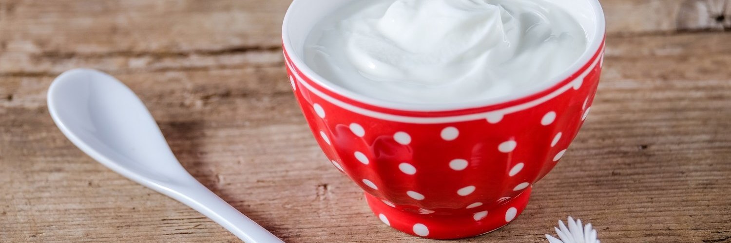 Auf einem Holztisch steht eine rote Schale mit weißen Punkten gefüllt mit Joghurt. Davor liegt ein weißer Löffel und ein Gänseblümchen. 