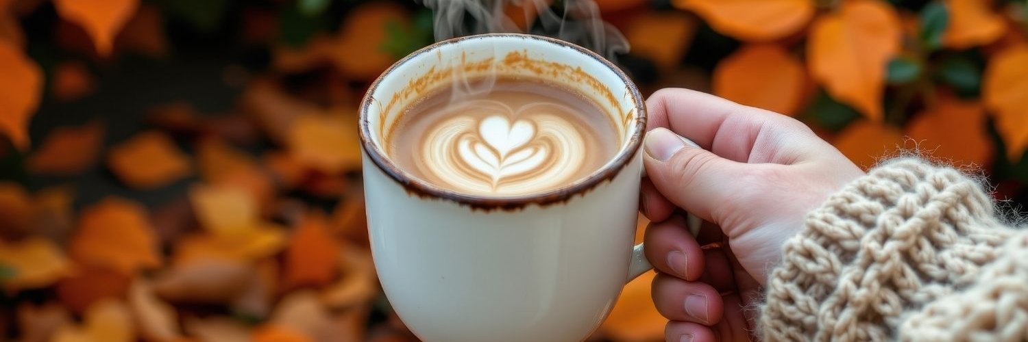 Eine Hand hält eine Tasse Pumpkin Spice Latte. Im Hintergrund liegen herbstlich verfärbte Blätter. 