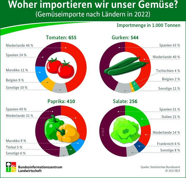 Die Infografik zeigt, zu wieviel Prozent Tomaten, gurken, Paprika und Salate aus anderen Ländern zu uns nach Deutschland importiert werden.