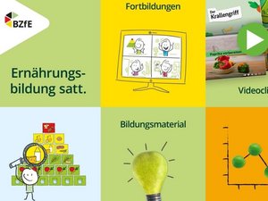 Acht farbige Kästchen zeigen Grafiken zu den Angeboten der Ernährungsbildung, eine Tomate mit Kopfhörer für E-Learning, einen QR-Code, Titel von Videoclips, eine Birne als Glühbirne, einen Bildschirm und die Ernährungspyramide.