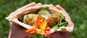 Falafel im Fladenbrot mit buntem Salat und Minz-Joghurt-Dressing
