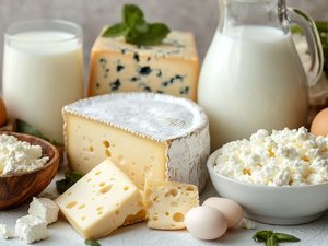 Milch, Milchprodukte, Eier und Käse in Schälchen und Karaffen präsentiert. 