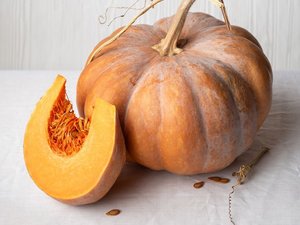 Ein orangefarbener Kürbis und ein Kürbisstück sind abgebildet. Im Kürbisstück sieht man das Fruchtfleisch und Kerne.