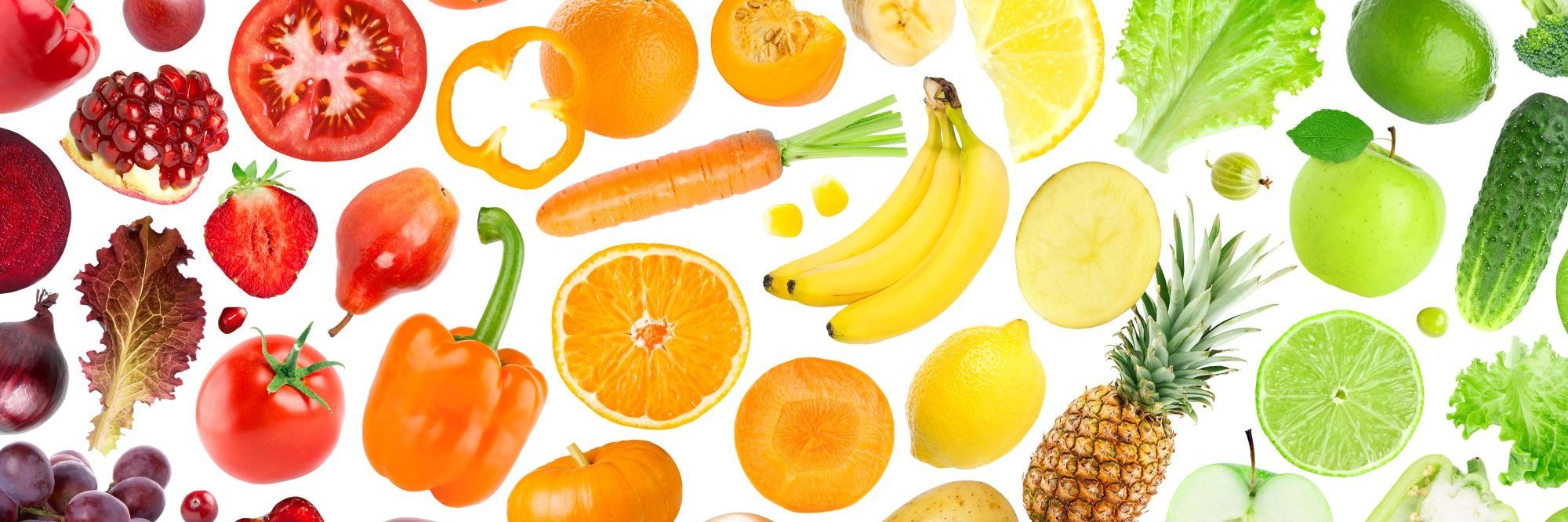 Verschiedene Obst- und Gemüsearten sind vor einem weißen Hintergrund abgebildet.