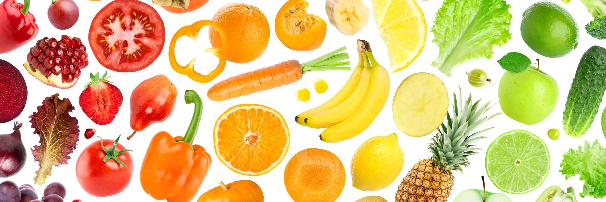 Verschiedene Obst- und Gemüsearten sind vor einem weißen Hintergrund abgebildet.